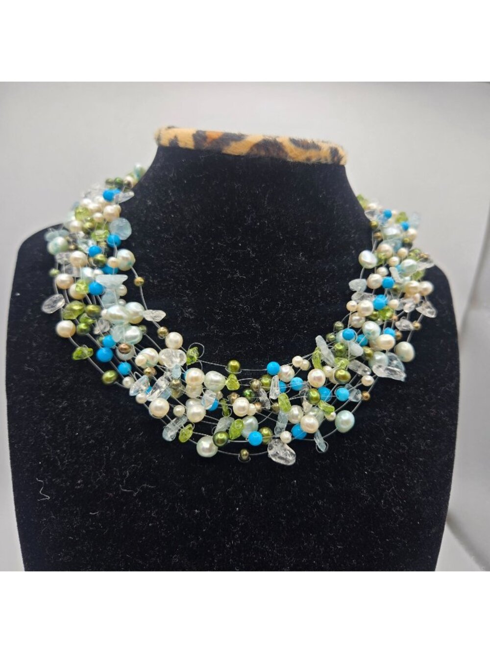 Vintage Multicolor Freshwater Pearl Peridot Gemstone Cluster Necklace 925 Sterli
